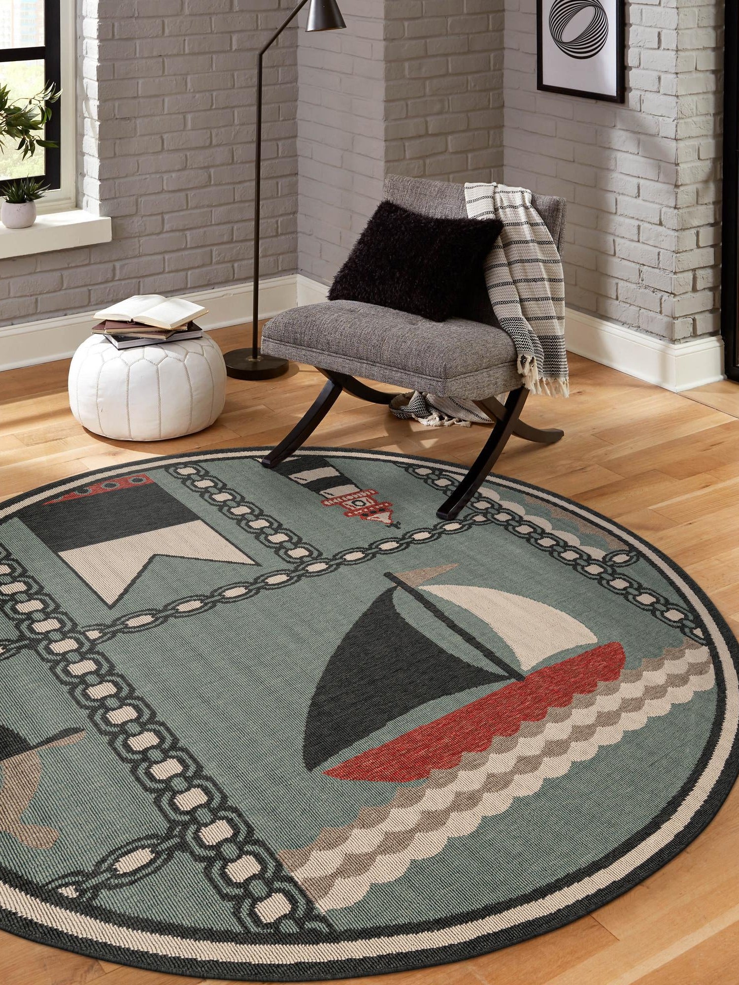 Blue 5' 1 x 5' 1 Outdoor Coastal Round Area Rug Weather Resistant for Patio, Deck, Terrace, Balcony, Porch 100% Polypropylene Coastal Decor Carpet for Sale at Rug Engine