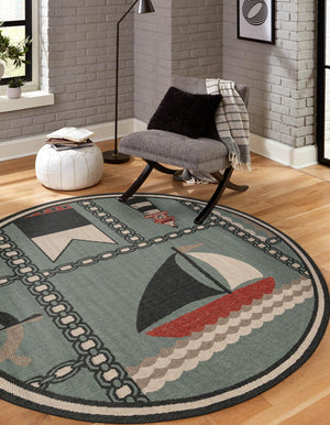 Blue 5' 1 x 5' 1 Outdoor Coastal Round Area Rug Weather Resistant for Patio, Deck, Terrace, Balcony, Porch 100% Polypropylene Coastal Decor Carpet for Sale at Rug Engine