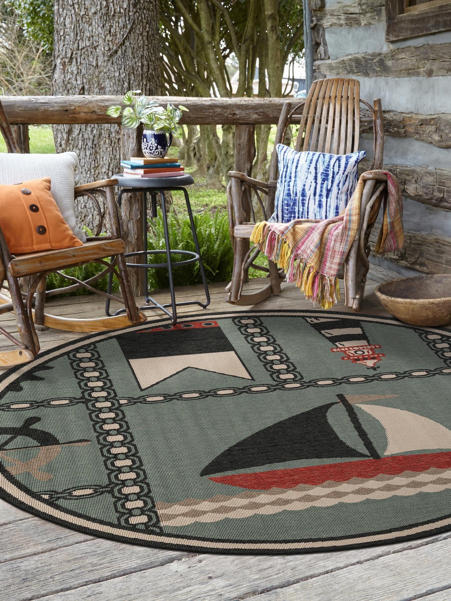 Blue 4' 1 x 4' 1 Outdoor Coastal Round Area Rug Weather Resistant for Patio, Deck, Terrace, Balcony, Porch 100% Polypropylene Coastal Decor Carpet for Sale at Rug Engine