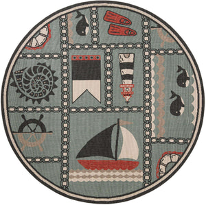 Blue 7' 10 x 7' 10 Outdoor Coastal Round Area Rug Weather Resistant for Patio, Deck, Terrace, Balcony, Porch 100% Polypropylene Coastal Decor Carpet for Sale at Rug Engine