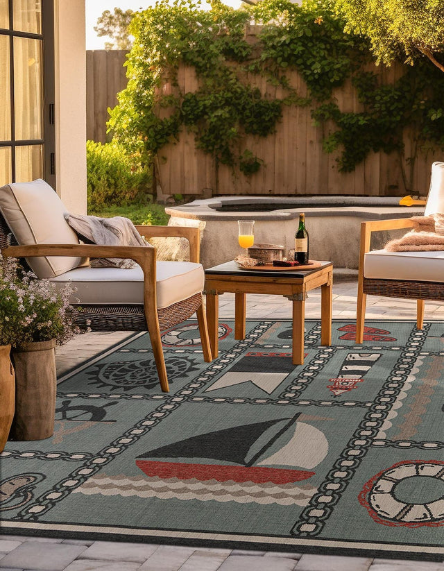 Blue 7' 10 x 7' 10 Outdoor Coastal Square Area Rug Weather Resistant for Patio, Deck, Terrace, Balcony, Porch 100% Polypropylene Coastal Decor Carpet for Sale at Rug Engine