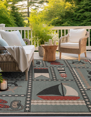 Blue 7' 10 x 7' 10 Outdoor Coastal Square Area Rug Weather Resistant for Patio, Deck, Terrace, Balcony, Porch 100% Polypropylene Coastal Decor Carpet for Sale at Rug Engine
