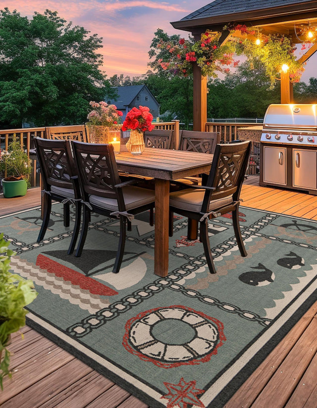 Blue 7' 10 x 7' 10 Outdoor Coastal Square Area Rug Weather Resistant for Patio, Deck, Terrace, Balcony, Porch 100% Polypropylene Coastal Decor Carpet for Sale at Rug Engine