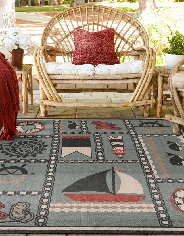 Blue 7' 10 x 7' 10 Outdoor Coastal Square Area Rug Weather Resistant for Patio, Deck, Terrace, Balcony, Porch 100% Polypropylene Coastal Decor Carpet for Sale at Rug Engine