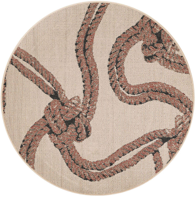 Beige 4' 1 x 4' 1 Outdoor Coastal Round Area Rug Weather Resistant for Patio, Deck, Terrace, Balcony, Porch 100% Polypropylene Coastal Decor Carpet for Sale at Rug Engine