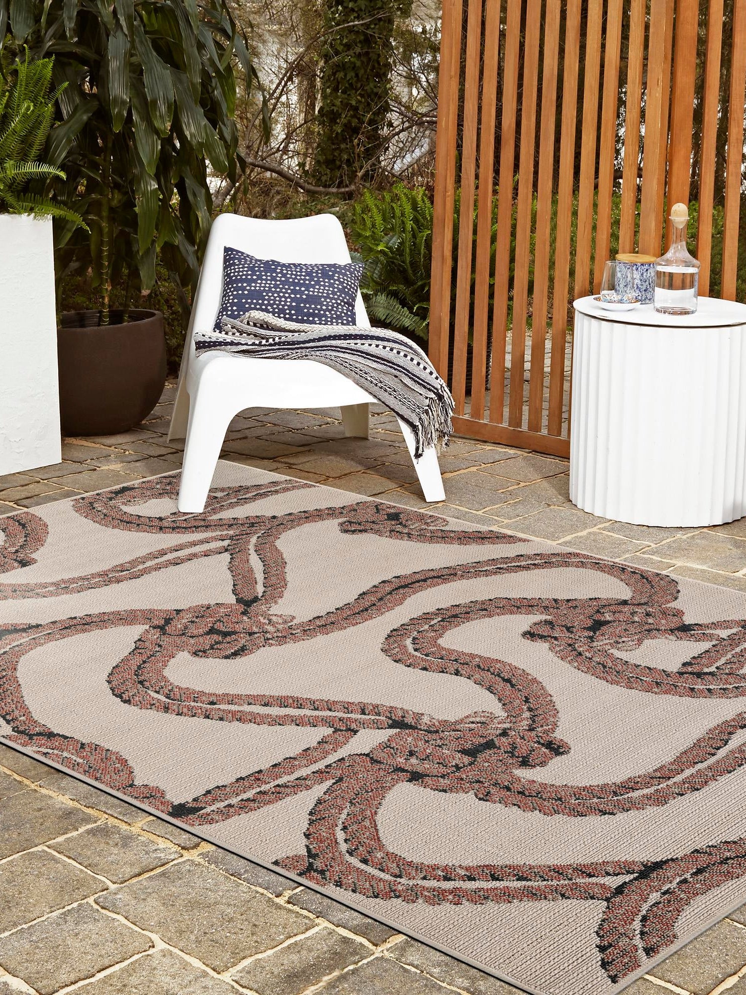 Beige 7' 10 x 10' Outdoor Coastal Rectangle Area Rug Weather Resistant for Patio, Deck, Terrace, Balcony, Porch 100% Polypropylene Coastal Decor Carpet for Sale at Rug Engine