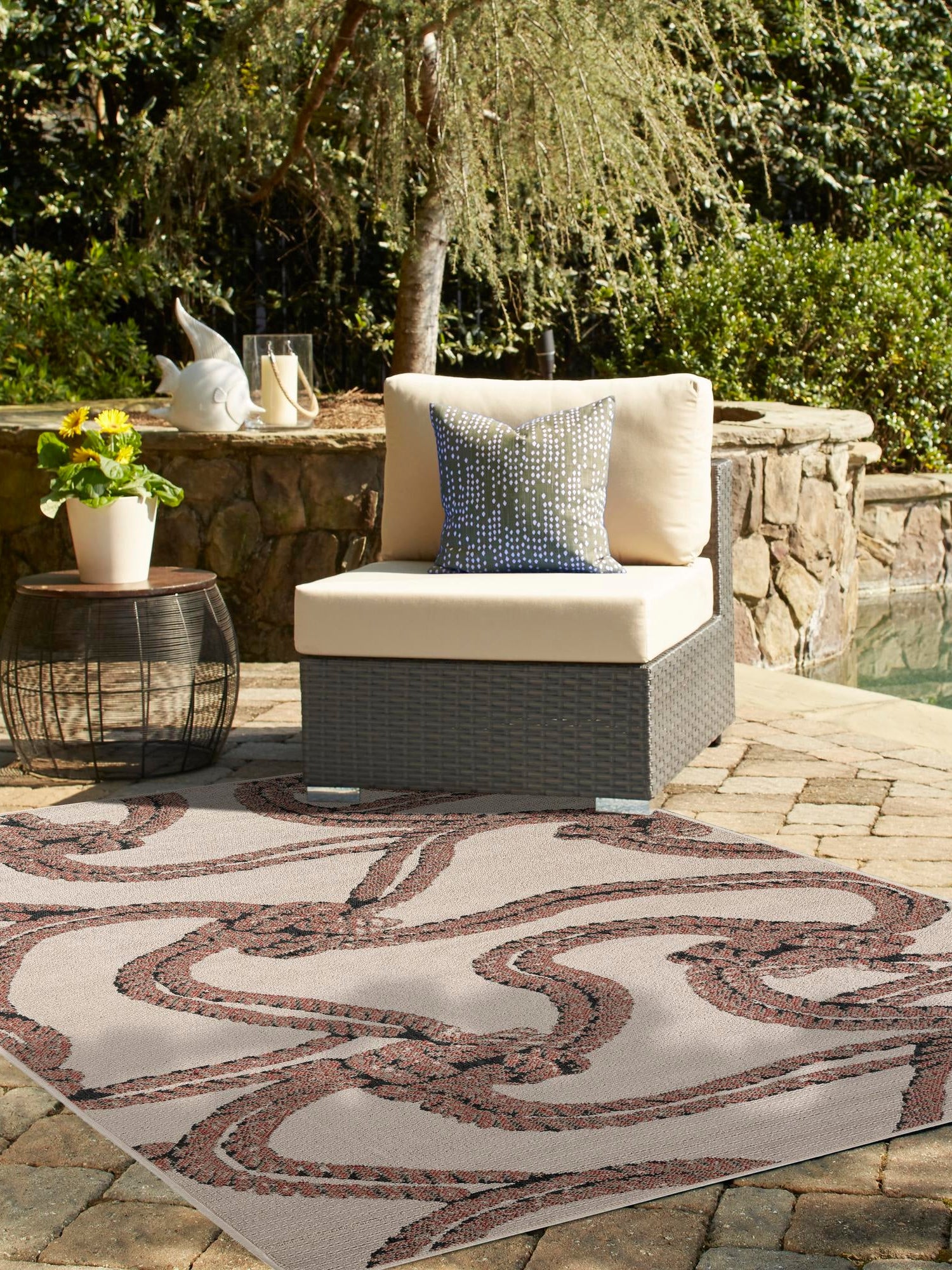 Beige 7' 10 x 10' Outdoor Coastal Rectangle Area Rug Weather Resistant for Patio, Deck, Terrace, Balcony, Porch 100% Polypropylene Coastal Decor Carpet for Sale at Rug Engine
