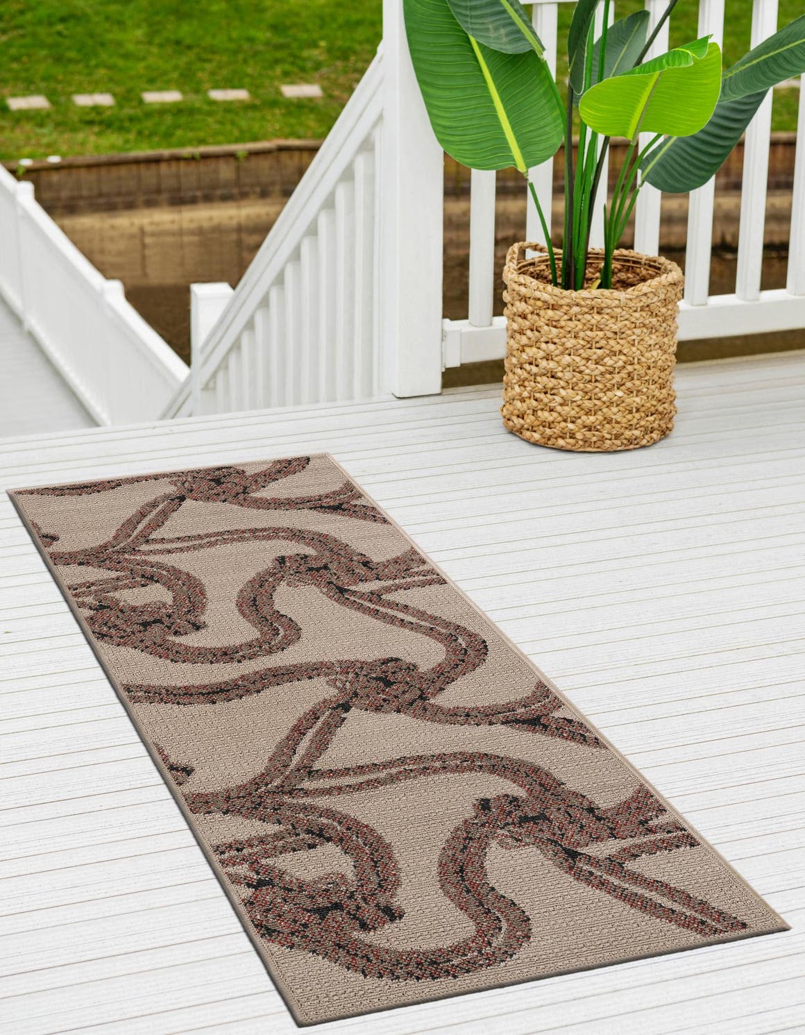 Beige 2' x 6' 1 Outdoor Coastal Runner Area Rug Weather Resistant for Patio, Deck, Terrace, Balcony, Porch 100% Polypropylene Coastal Decor Carpet for Sale at Rug Engine
