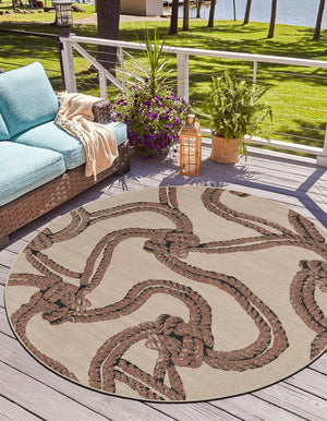 Beige 6' 1 x 6' 1 Outdoor Coastal Round Area Rug Weather Resistant for Patio, Deck, Terrace, Balcony, Porch 100% Polypropylene Coastal Decor Carpet for Sale at Rug Engine