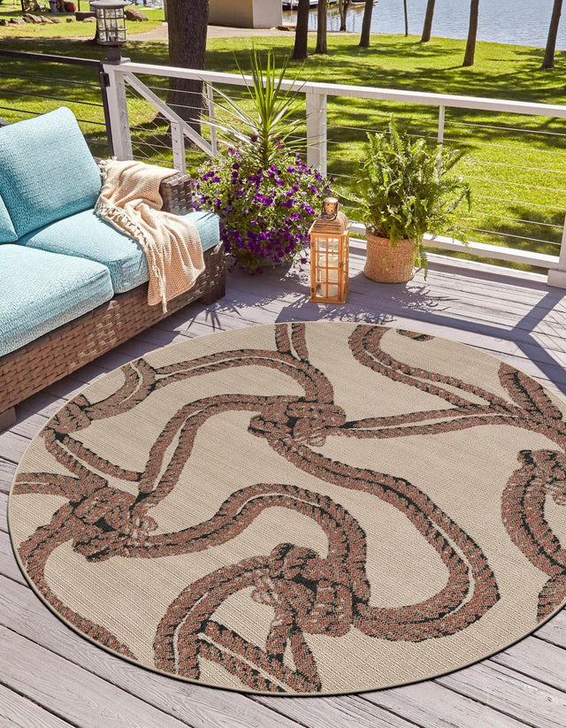 Beige 7' 10 x 7' 10 Outdoor Coastal Round Area Rug Weather Resistant for Patio, Deck, Terrace, Balcony, Porch 100% Polypropylene Coastal Decor Carpet for Sale at Rug Engine