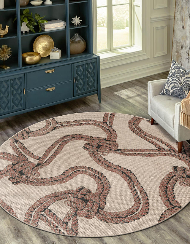 Beige 6' 1 x 6' 1 Outdoor Coastal Round Area Rug Weather Resistant for Patio, Deck, Terrace, Balcony, Porch 100% Polypropylene Coastal Decor Carpet for Sale at Rug Engine