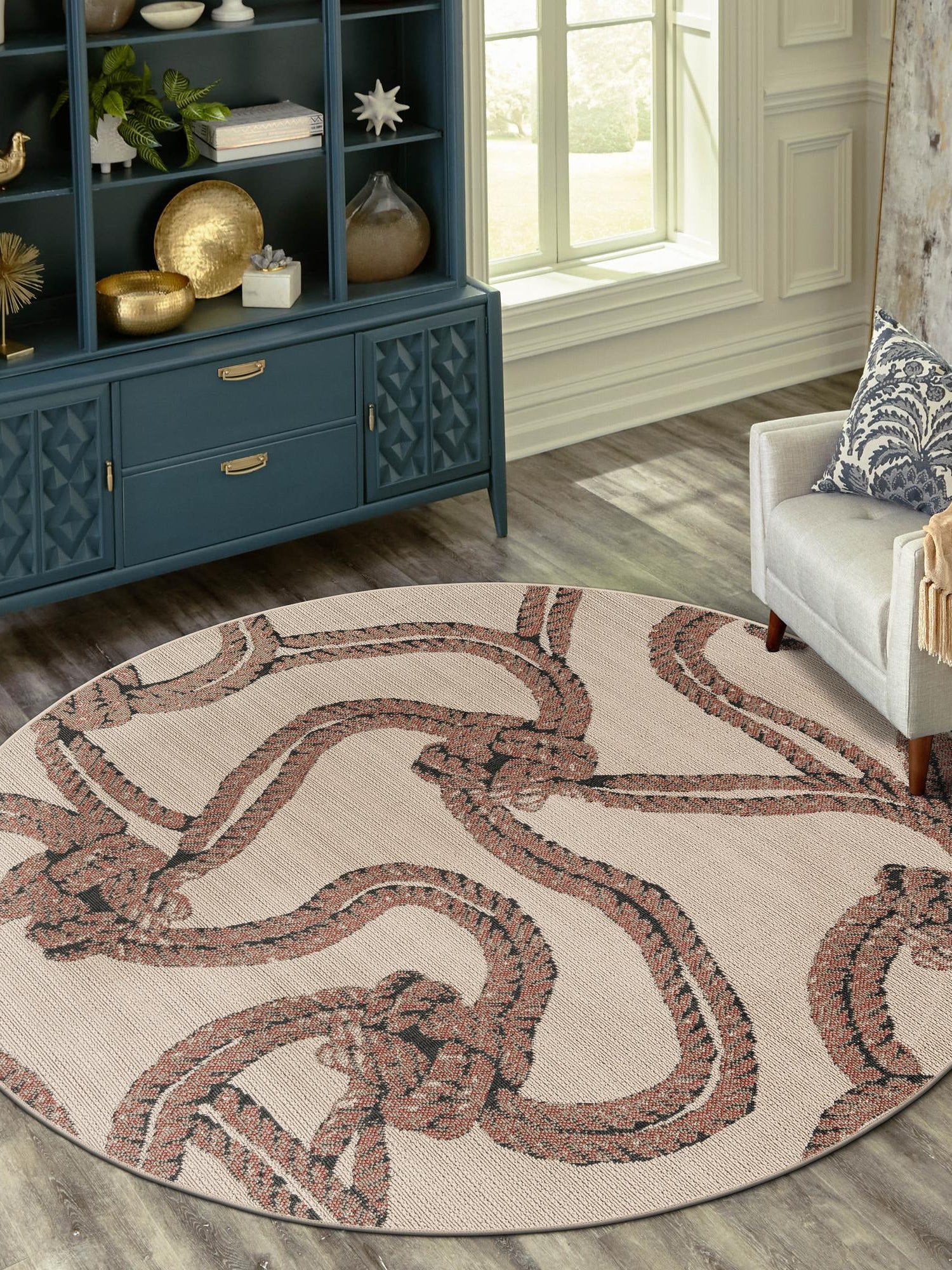 Beige 3' 1 x 3' 1 Outdoor Coastal Round Area Rug Weather Resistant for Patio, Deck, Terrace, Balcony, Porch 100% Polypropylene Coastal Decor Carpet for Sale at Rug Engine