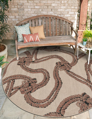Beige 7' 10 x 7' 10 Outdoor Coastal Round Area Rug Weather Resistant for Patio, Deck, Terrace, Balcony, Porch 100% Polypropylene Coastal Decor Carpet for Sale at Rug Engine