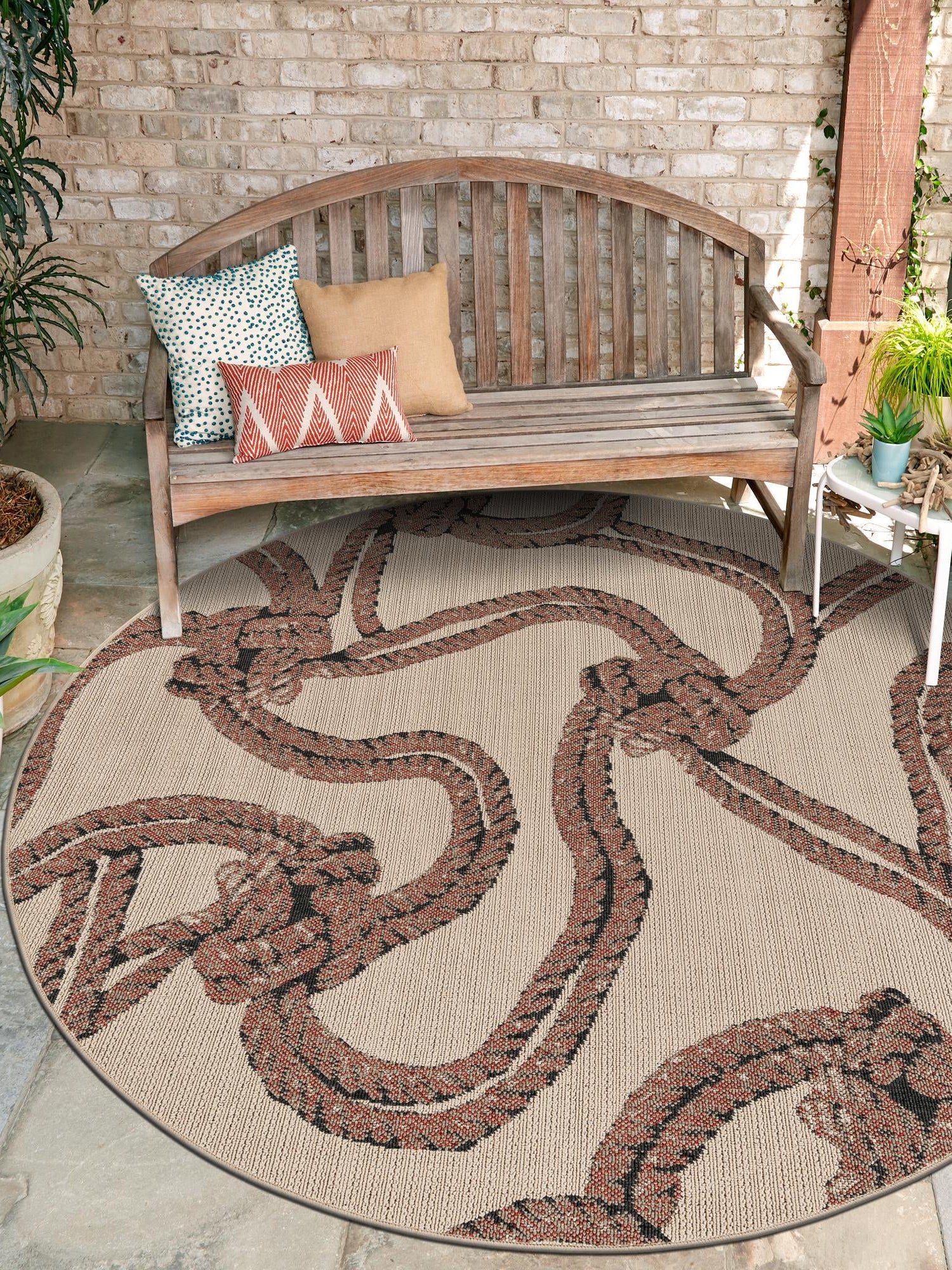 Beige 6' 1 x 6' 1 Outdoor Coastal Round Area Rug Weather Resistant for Patio, Deck, Terrace, Balcony, Porch 100% Polypropylene Coastal Decor Carpet for Sale at Rug Engine