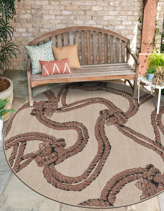 Beige 6' 1 x 6' 1 Outdoor Coastal Round Area Rug Weather Resistant for Patio, Deck, Terrace, Balcony, Porch 100% Polypropylene Coastal Decor Carpet for Sale at Rug Engine