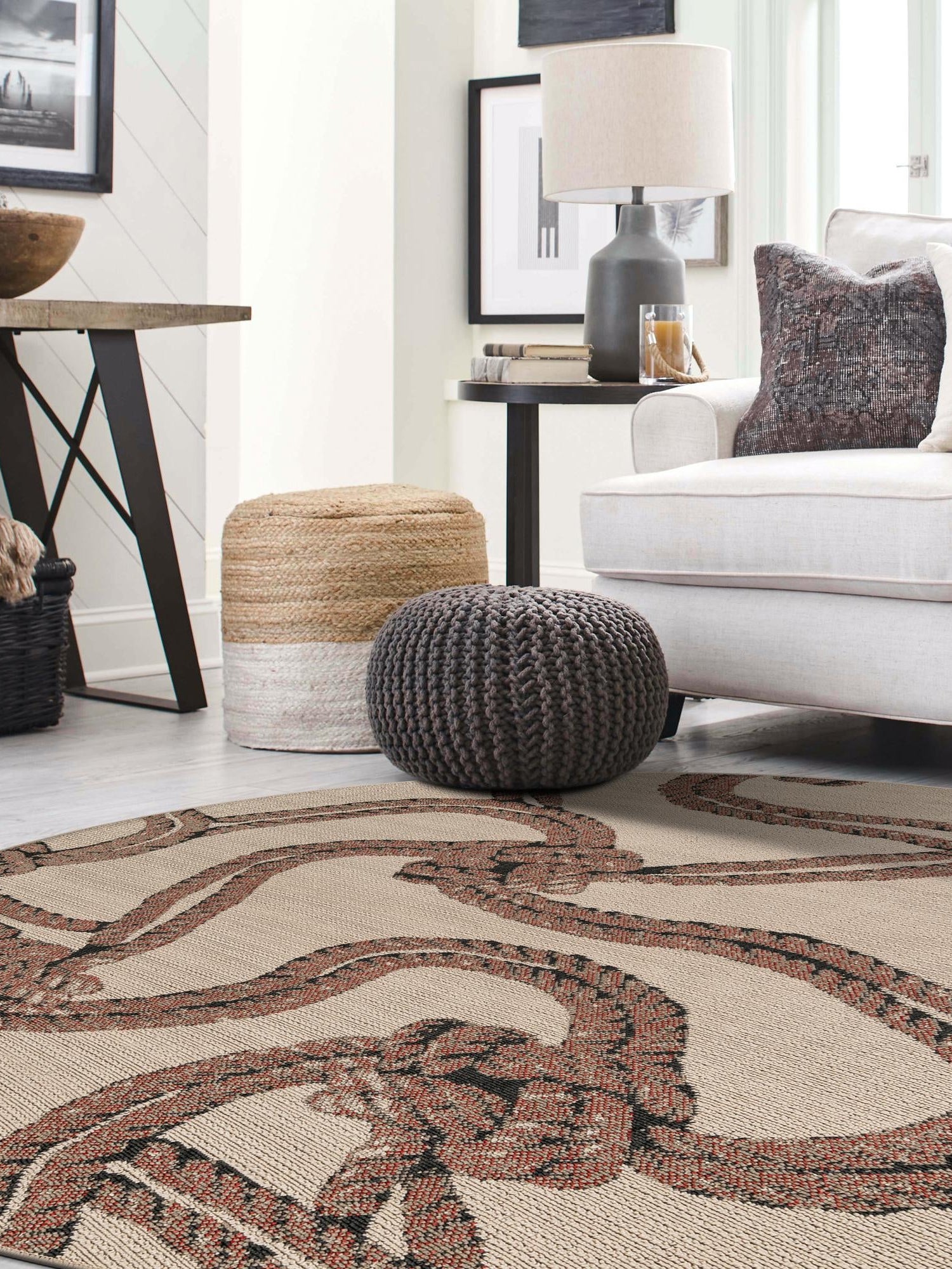 Beige 6' 1 x 6' 1 Outdoor Coastal Round Area Rug Weather Resistant for Patio, Deck, Terrace, Balcony, Porch 100% Polypropylene Coastal Decor Carpet for Sale at Rug Engine