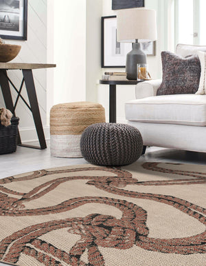 Beige 6' 1 x 6' 1 Outdoor Coastal Round Area Rug Weather Resistant for Patio, Deck, Terrace, Balcony, Porch 100% Polypropylene Coastal Decor Carpet for Sale at Rug Engine