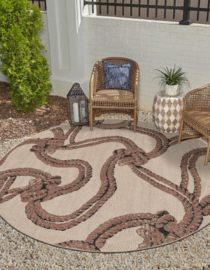 Beige 3' 1 x 3' 1 Outdoor Coastal Round Area Rug Weather Resistant for Patio, Deck, Terrace, Balcony, Porch 100% Polypropylene Coastal Decor Carpet for Sale at Rug Engine