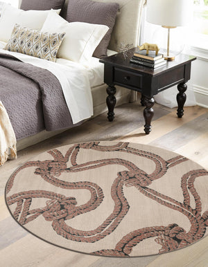 Beige 7' 10 x 7' 10 Outdoor Coastal Round Area Rug Weather Resistant for Patio, Deck, Terrace, Balcony, Porch 100% Polypropylene Coastal Decor Carpet for Sale at Rug Engine