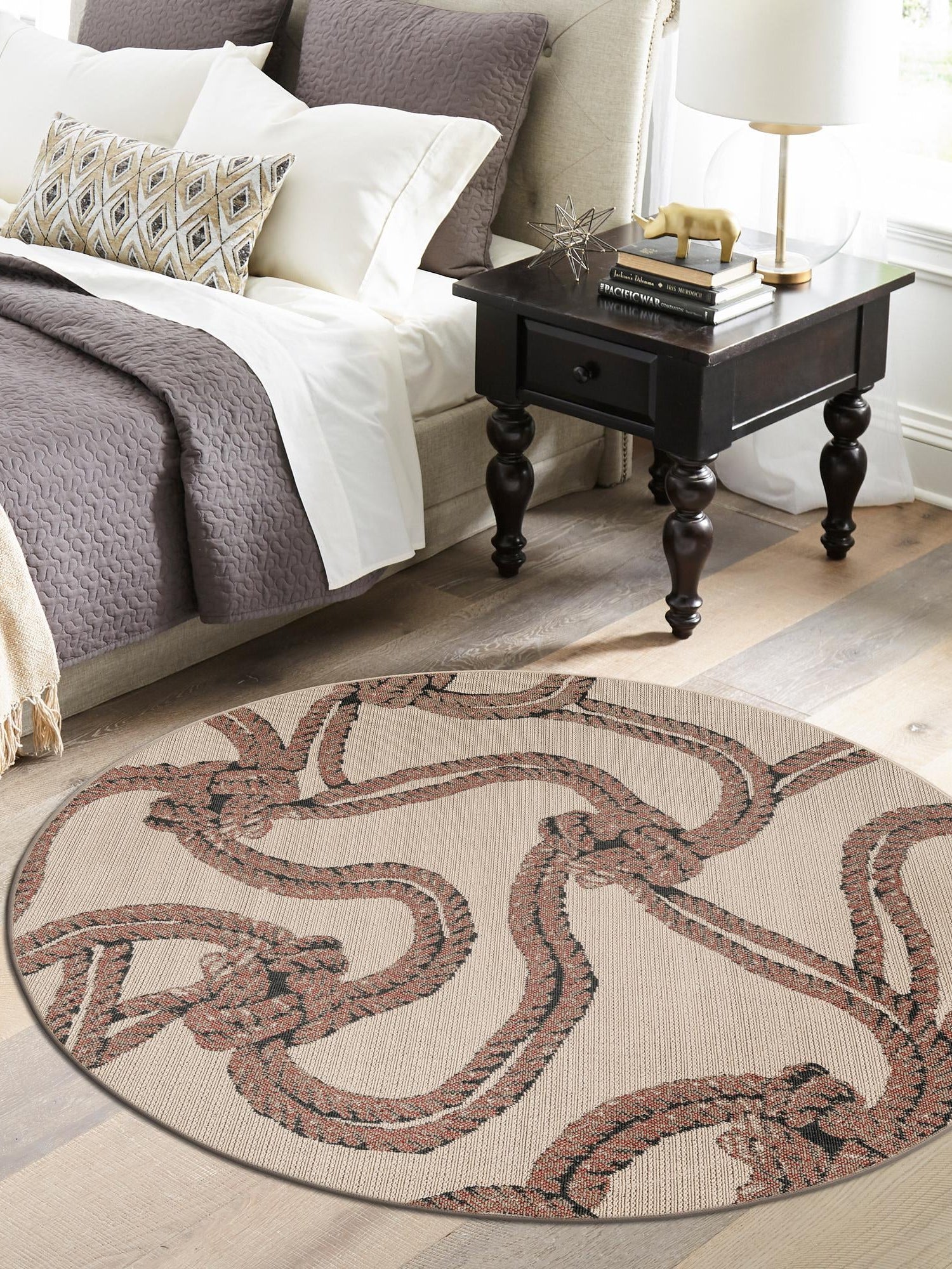 Beige 4' 1 x 4' 1 Outdoor Coastal Round Area Rug Weather Resistant for Patio, Deck, Terrace, Balcony, Porch 100% Polypropylene Coastal Decor Carpet for Sale at Rug Engine