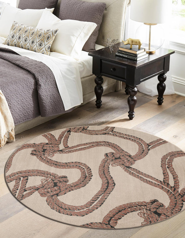 Beige 4' 1 x 4' 1 Outdoor Coastal Round Area Rug Weather Resistant for Patio, Deck, Terrace, Balcony, Porch 100% Polypropylene Coastal Decor Carpet for Sale at Rug Engine
