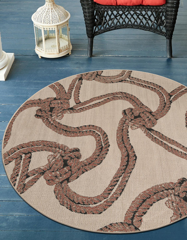 Beige 7' 10 x 7' 10 Outdoor Coastal Round Area Rug Weather Resistant for Patio, Deck, Terrace, Balcony, Porch 100% Polypropylene Coastal Decor Carpet for Sale at Rug Engine