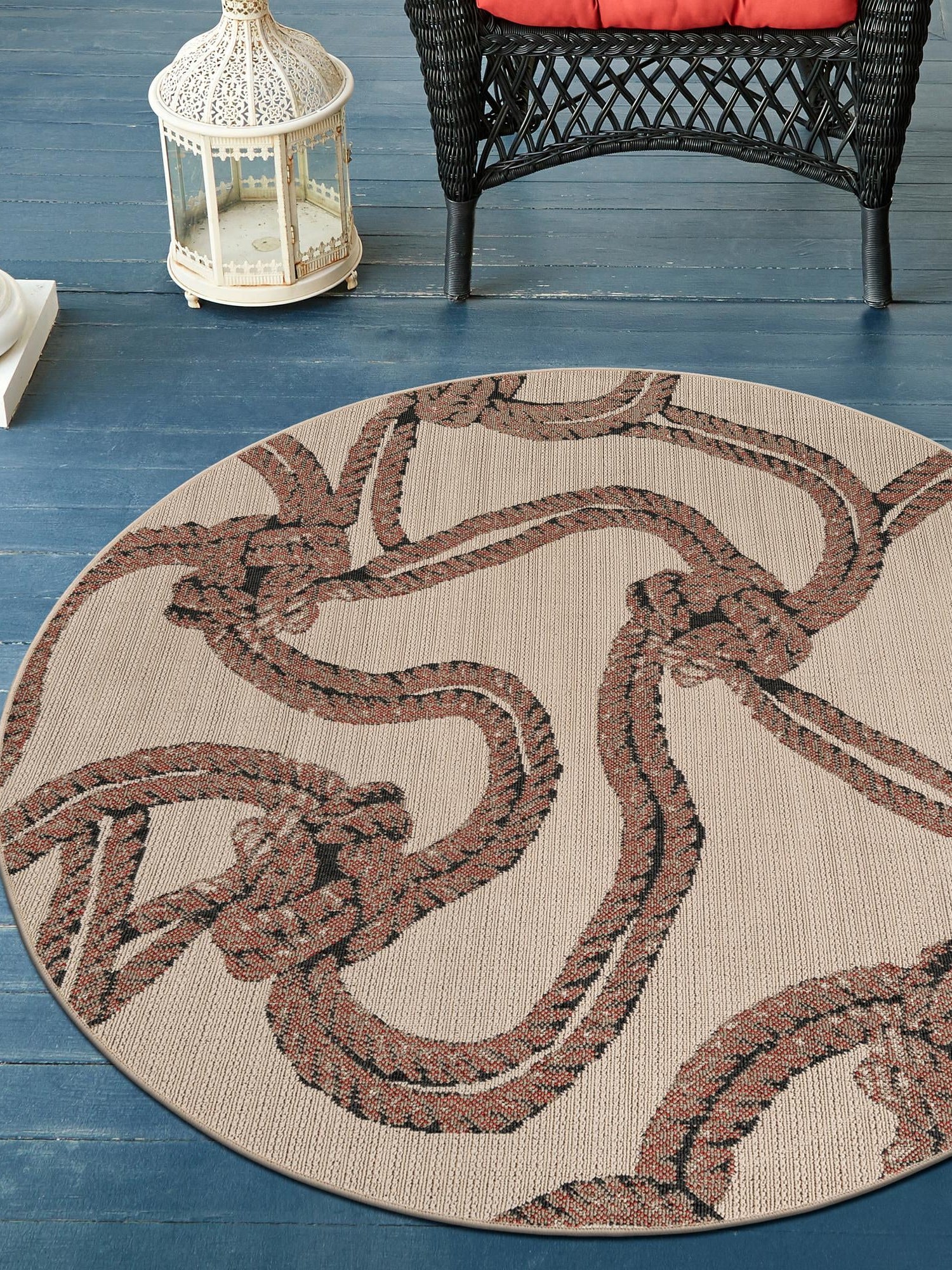 Beige 3' 1 x 3' 1 Outdoor Coastal Round Area Rug Weather Resistant for Patio, Deck, Terrace, Balcony, Porch 100% Polypropylene Coastal Decor Carpet for Sale at Rug Engine