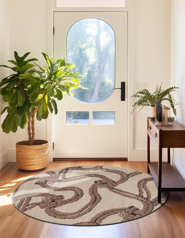 Beige 4' 1 x 4' 1 Outdoor Coastal Round Area Rug Weather Resistant for Patio, Deck, Terrace, Balcony, Porch 100% Polypropylene Coastal Decor Carpet for Sale at Rug Engine