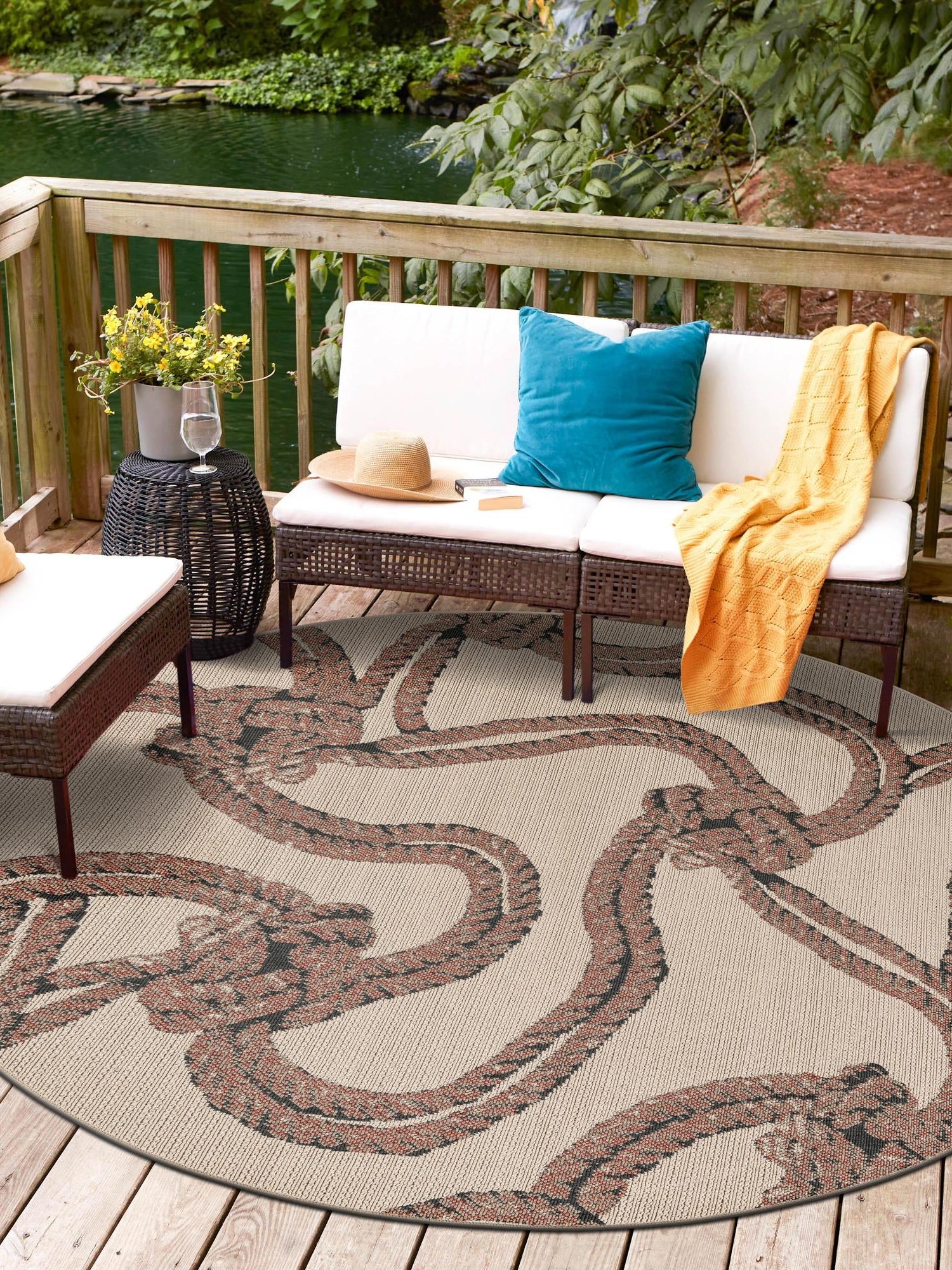 Beige 4' 1 x 4' 1 Outdoor Coastal Round Area Rug Weather Resistant for Patio, Deck, Terrace, Balcony, Porch 100% Polypropylene Coastal Decor Carpet for Sale at Rug Engine