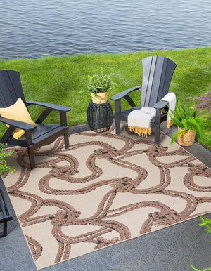 Beige 7' 10 x 7' 10 Outdoor Coastal Square Area Rug Weather Resistant for Patio, Deck, Terrace, Balcony, Porch 100% Polypropylene Coastal Decor Carpet for Sale at Rug Engine