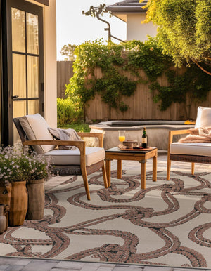 Beige 7' 10 x 7' 10 Outdoor Coastal Square Area Rug Weather Resistant for Patio, Deck, Terrace, Balcony, Porch 100% Polypropylene Coastal Decor Carpet for Sale at Rug Engine