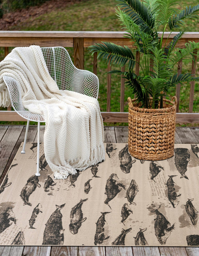Beige 9' x 12' Outdoor Coastal Rectangle Area Rug Weather Resistant for Patio, Deck, Terrace, Balcony, Porch 100% Polypropylene Coastal Decor Carpet for Sale at Rug Engine