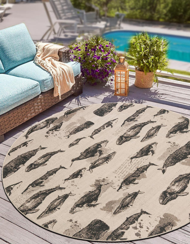 Beige 3' 1 x 3' 1 Outdoor Coastal Round Area Rug Weather Resistant for Patio, Deck, Terrace, Balcony, Porch 100% Polypropylene Coastal Decor Carpet for Sale at Rug Engine