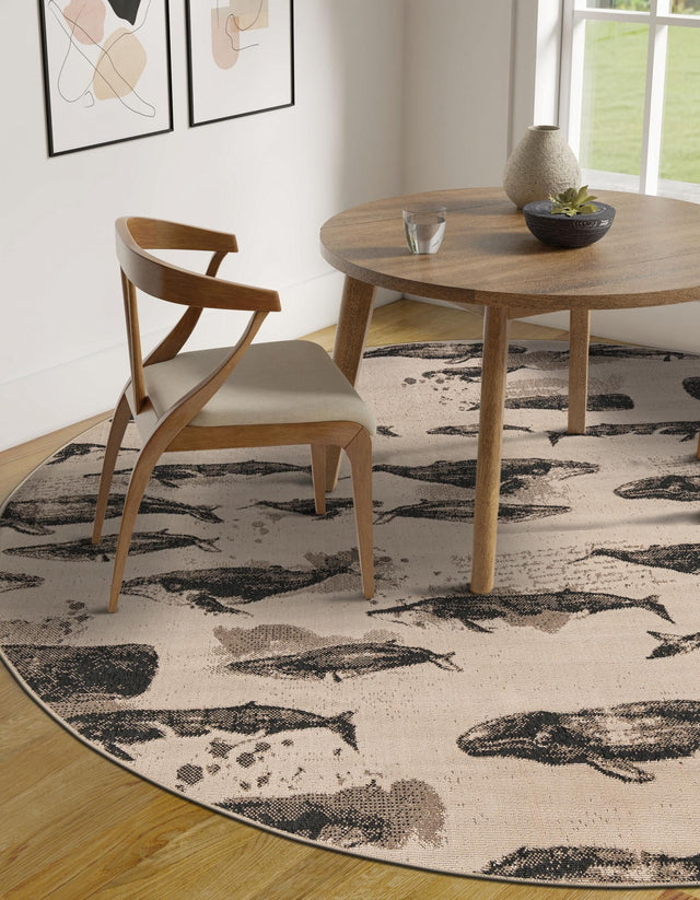 Beige 6' 1 x 6' 1 Outdoor Coastal Round Area Rug Weather Resistant for Patio, Deck, Terrace, Balcony, Porch 100% Polypropylene Coastal Decor Carpet for Sale at Rug Engine