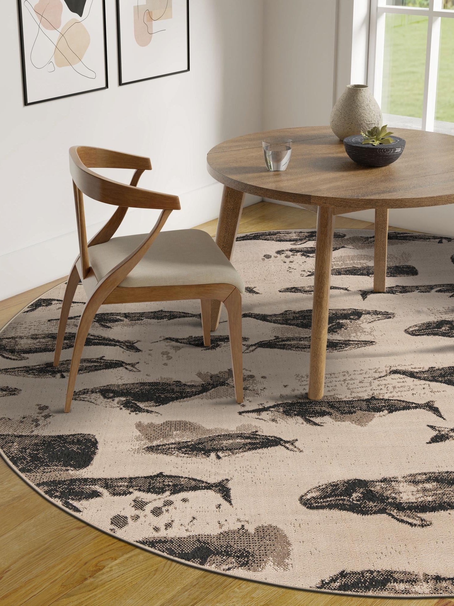 Beige 5' 1 x 5' 1 Outdoor Coastal Round Area Rug Weather Resistant for Patio, Deck, Terrace, Balcony, Porch 100% Polypropylene Coastal Decor Carpet for Sale at Rug Engine