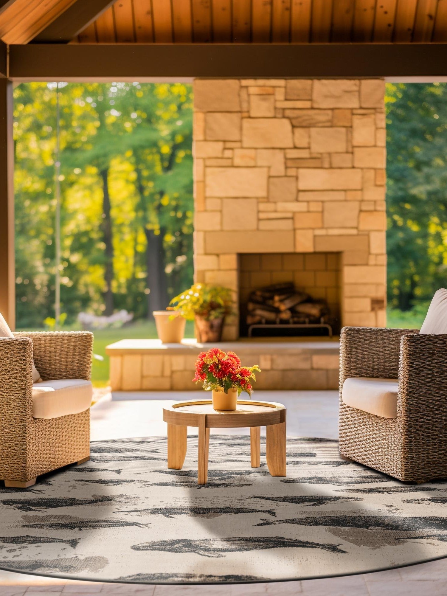 Beige 5' 1 x 5' 1 Outdoor Coastal Round Area Rug Weather Resistant for Patio, Deck, Terrace, Balcony, Porch 100% Polypropylene Coastal Decor Carpet for Sale at Rug Engine
