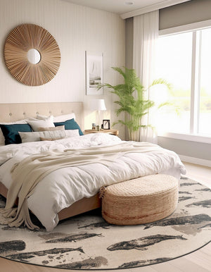 Beige 4' 1 x 4' 1 Outdoor Coastal Round Area Rug Weather Resistant for Patio, Deck, Terrace, Balcony, Porch 100% Polypropylene Coastal Decor Carpet for Sale at Rug Engine