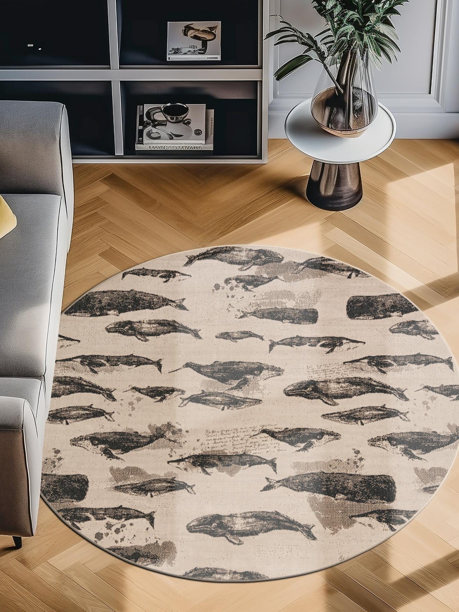 Beige 7' 10 x 7' 10 Outdoor Coastal Round Area Rug Weather Resistant for Patio, Deck, Terrace, Balcony, Porch 100% Polypropylene Coastal Decor Carpet for Sale at Rug Engine