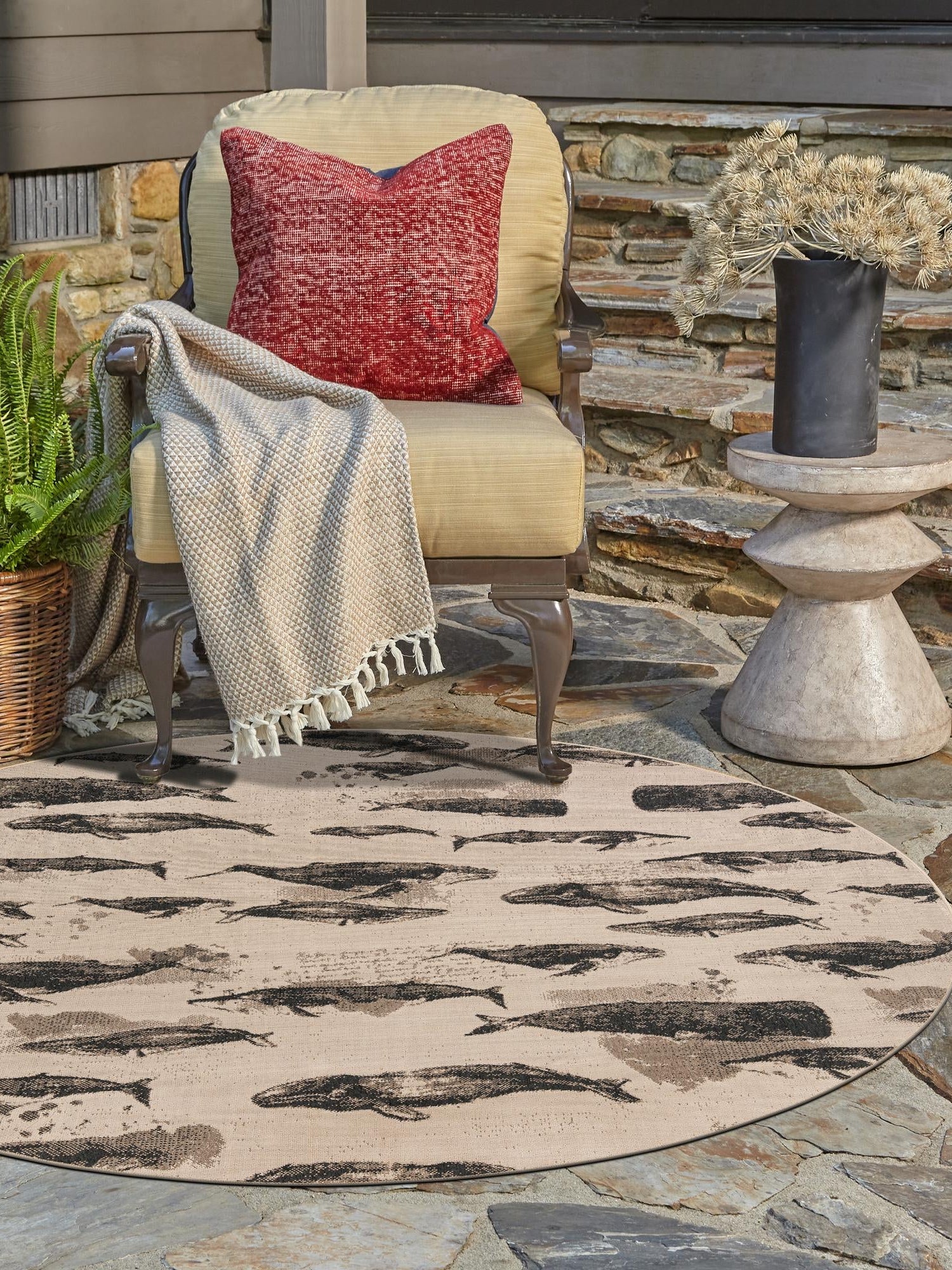Beige 4' 1 x 4' 1 Outdoor Coastal Round Area Rug Weather Resistant for Patio, Deck, Terrace, Balcony, Porch 100% Polypropylene Coastal Decor Carpet for Sale at Rug Engine