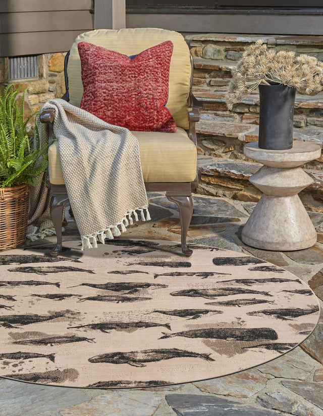 Beige 4' 1 x 4' 1 Outdoor Coastal Round Area Rug Weather Resistant for Patio, Deck, Terrace, Balcony, Porch 100% Polypropylene Coastal Decor Carpet for Sale at Rug Engine