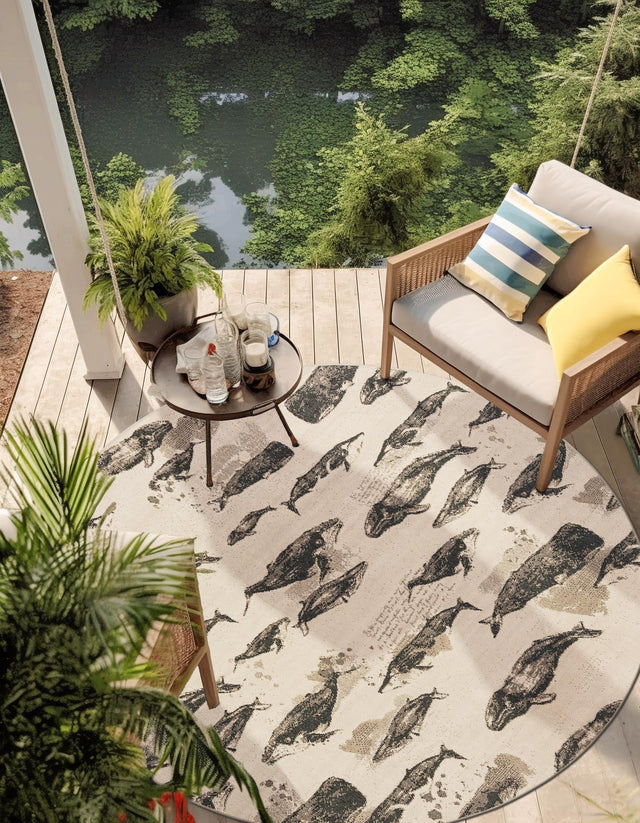 Beige 6' 1 x 6' 1 Outdoor Coastal Round Area Rug Weather Resistant for Patio, Deck, Terrace, Balcony, Porch 100% Polypropylene Coastal Decor Carpet for Sale at Rug Engine