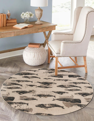 Beige 5' 1 x 5' 1 Outdoor Coastal Round Area Rug Weather Resistant for Patio, Deck, Terrace, Balcony, Porch 100% Polypropylene Coastal Decor Carpet for Sale at Rug Engine