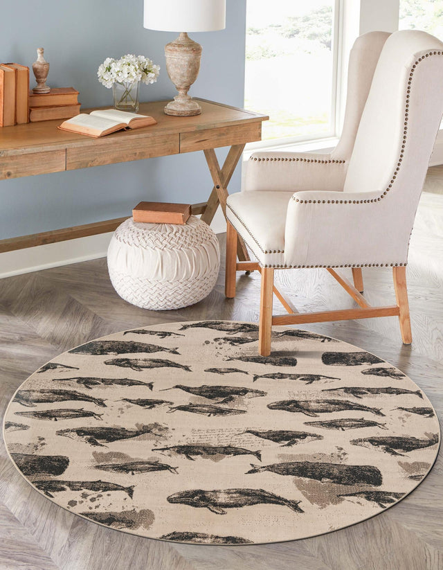 Beige 6' 1 x 6' 1 Outdoor Coastal Round Area Rug Weather Resistant for Patio, Deck, Terrace, Balcony, Porch 100% Polypropylene Coastal Decor Carpet for Sale at Rug Engine