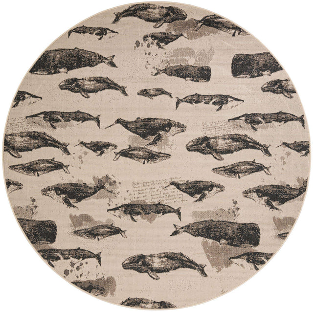 Beige 7' 10 x 7' 10 Outdoor Coastal Round Area Rug Weather Resistant for Patio, Deck, Terrace, Balcony, Porch 100% Polypropylene Coastal Decor Carpet for Sale at Rug Engine
