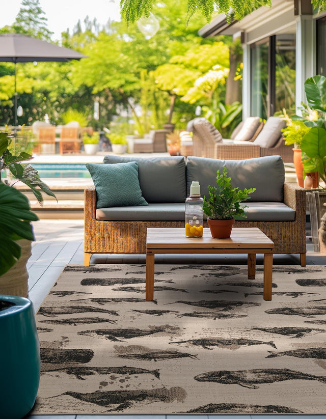 Beige 7' 10 x 7' 10 Outdoor Coastal Square Area Rug Weather Resistant for Patio, Deck, Terrace, Balcony, Porch 100% Polypropylene Coastal Decor Carpet for Sale at Rug Engine