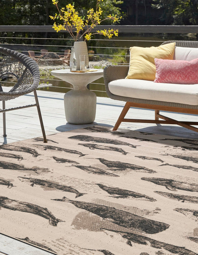 Beige 7' 10 x 7' 10 Outdoor Coastal Square Area Rug Weather Resistant for Patio, Deck, Terrace, Balcony, Porch 100% Polypropylene Coastal Decor Carpet for Sale at Rug Engine