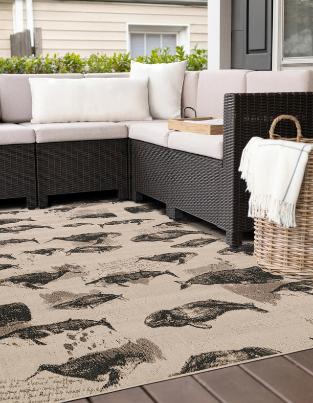 Beige 7' 10 x 7' 10 Outdoor Coastal Square Area Rug Weather Resistant for Patio, Deck, Terrace, Balcony, Porch 100% Polypropylene Coastal Decor Carpet for Sale at Rug Engine