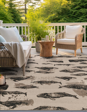 Beige 7' 10 x 7' 10 Outdoor Coastal Square Area Rug Weather Resistant for Patio, Deck, Terrace, Balcony, Porch 100% Polypropylene Coastal Decor Carpet for Sale at Rug Engine