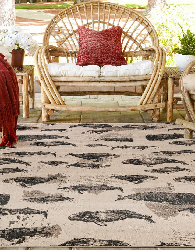 Beige 7' 10 x 7' 10 Outdoor Coastal Square Area Rug Weather Resistant for Patio, Deck, Terrace, Balcony, Porch 100% Polypropylene Coastal Decor Carpet for Sale at Rug Engine