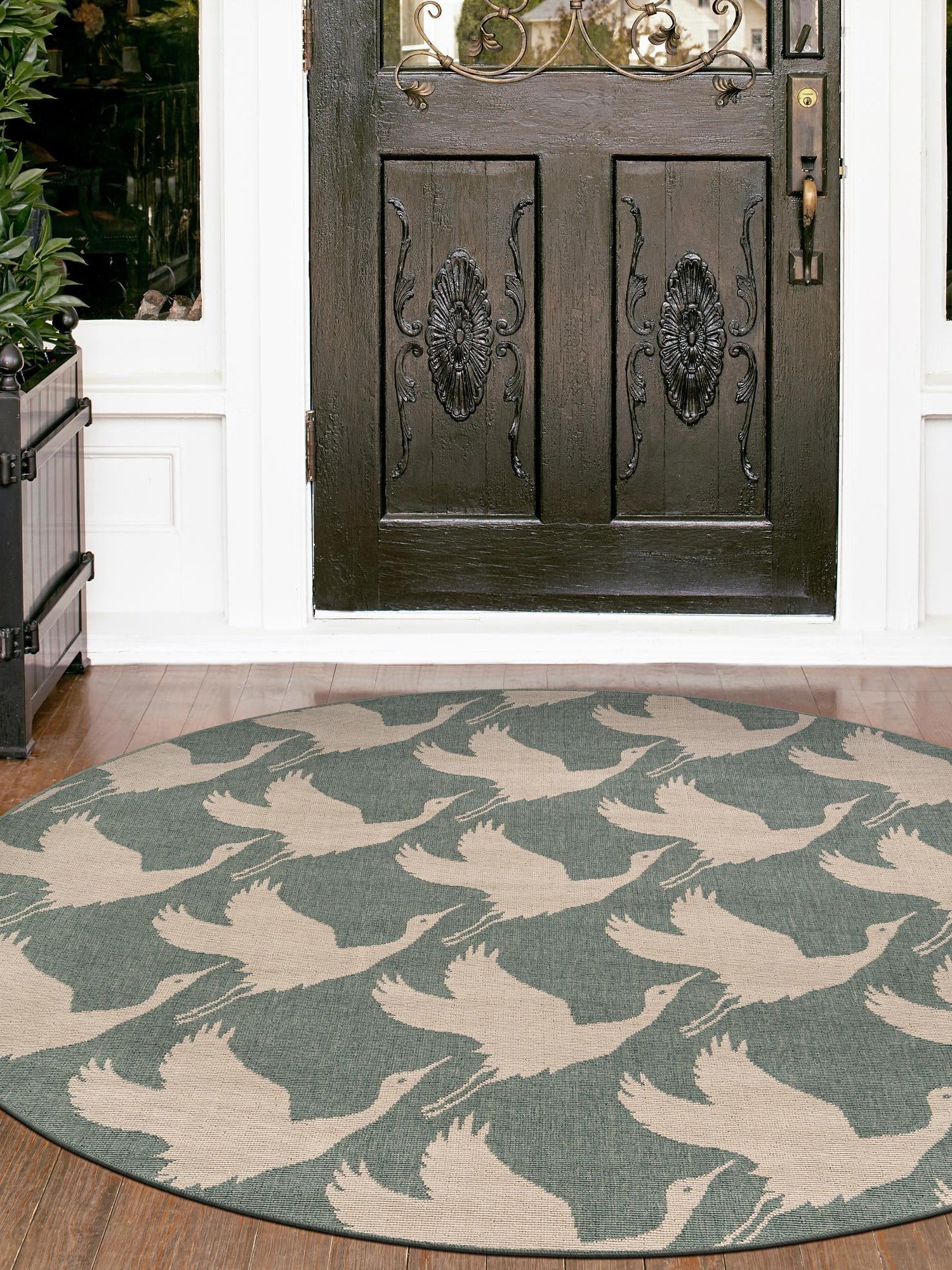 Stone Blue 4' 1 x 4' 1 Outdoor Coastal Round Area Rug Weather Resistant for Patio, Deck, Terrace, Balcony, Porch 100% Polypropylene Coastal Decor Carpet for Sale at Rug Engine
